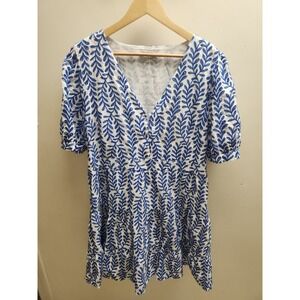 Estelle Womens Plus 1X Blue White Leaf Embroidered Eyelet V-Neck Tiered Mini